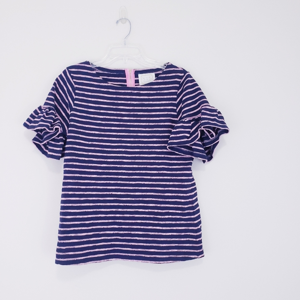 Sail to Sable Navy Blue Pink Stripe Ruffle Sleeve French Terry Blouse Medium - Picture 12 of 12